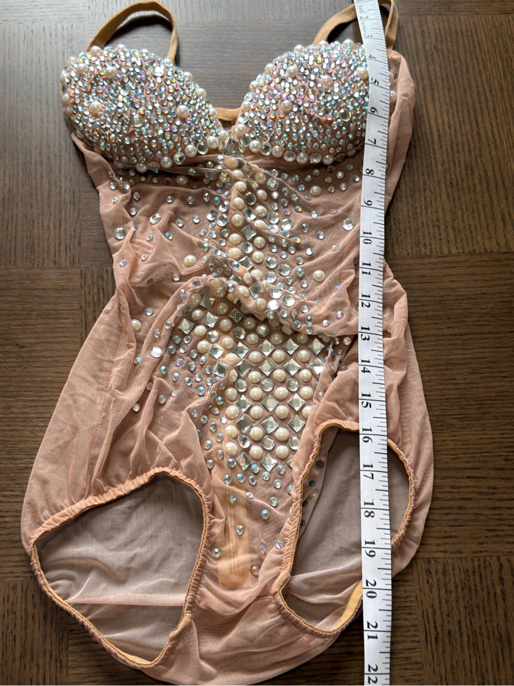 Rhinestone Crystal Embellished Nude Stretch Bodysuit One Piece Costume - Picture 10 of 11